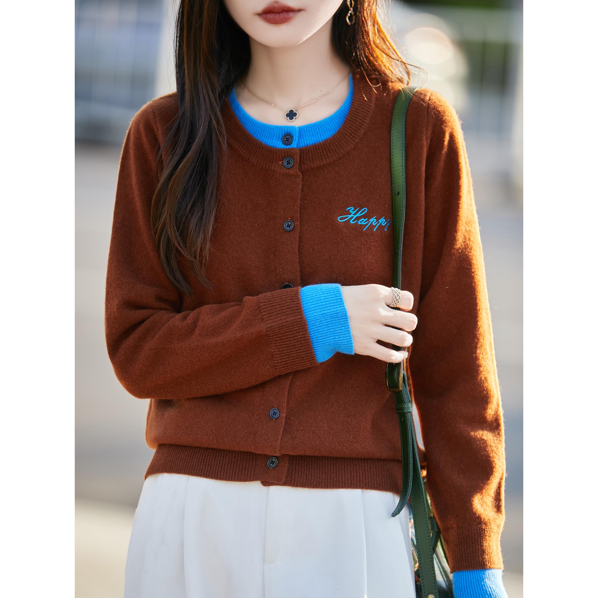 JOYIASS法式高级感撞色假两件纯开衫衫女短外套毛衣2025秋冬外搭