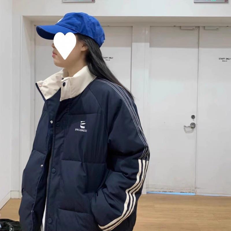 加厚棉衣棉服女秋冬2025显瘦棉外套嘻哈美式宽松运动条纹撞色棉服