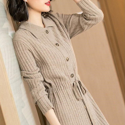 秋装潮减龄娃娃领收腰系带中长款羊毛衫女纯色条纹宽松针织连衣裙