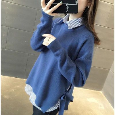 【两件套】条纹衬衫+系带针织衫春装新款宽松大码打底毛衣套装女
