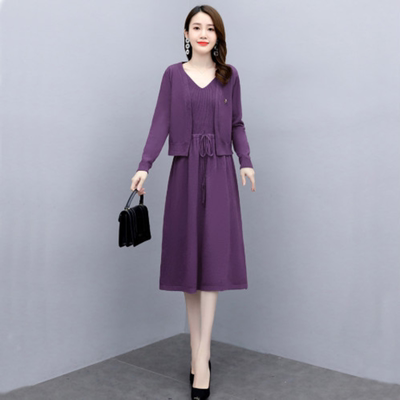 开衫毛衣裙两件套秋冬装长袖纯色显瘦中长款过膝套装打底针织连衣