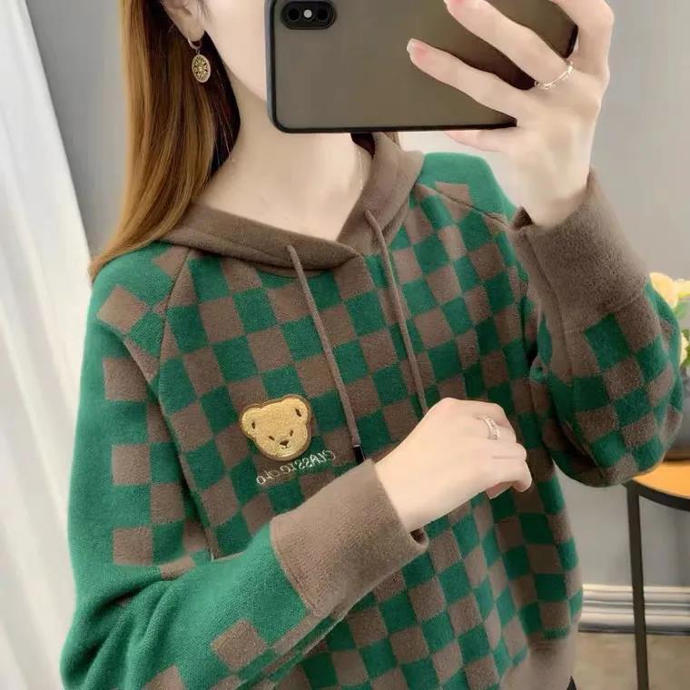 棋盘格连帽针织毛衣女2024秋季新款韩版洋气宽松显瘦百搭外穿潮