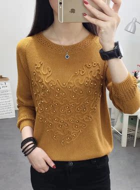 早秋女上衣chic宽松显瘦盘花针织衫钉珠打底衫百搭低领毛衣女长袖