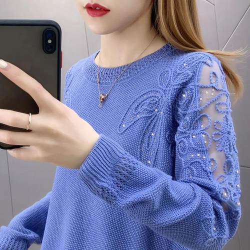 镂空蕾丝针织衫女2025春秋新款韩版宽松长袖打底衫女洋气外穿上衣