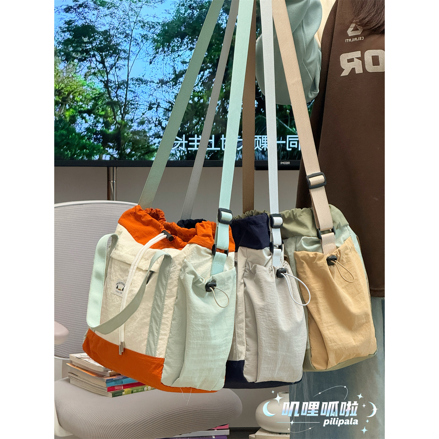 美式复古撞色斜挎包女单肩手提包学生上课通勤大容量户外帆布包男