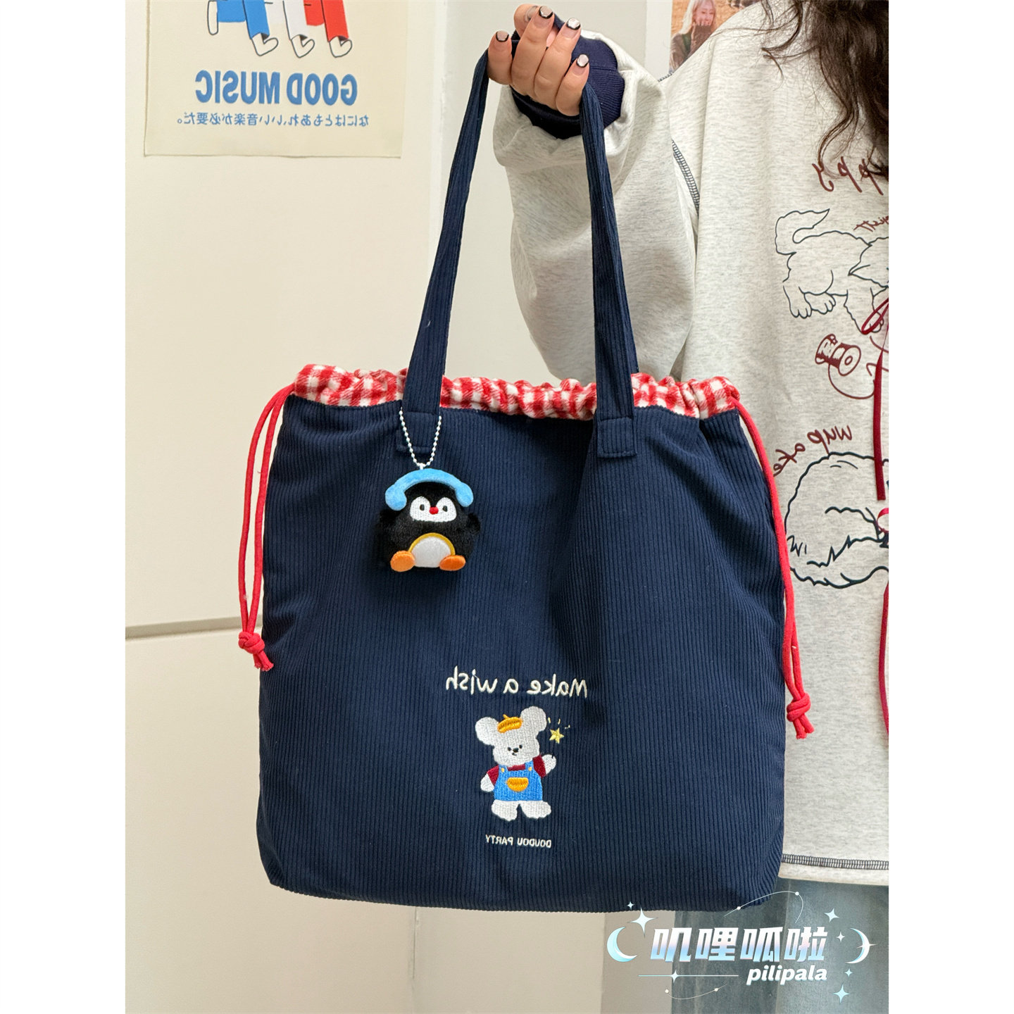 美式复古灯芯绒托特包可爱卡通刺绣单肩包女生日常百搭通勤手提袋