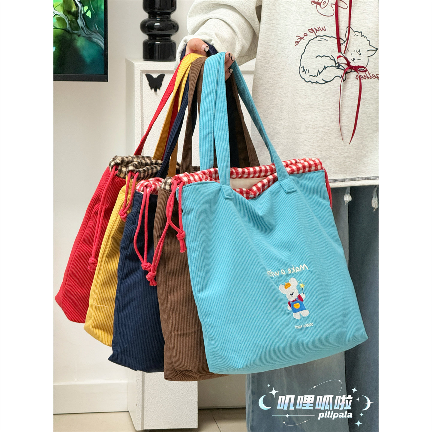 美式复古灯芯绒托特包可爱卡通刺绣单肩包女生日常百搭通勤手提袋,箱包皮具/热销女包/男包,托特包,淘宝优惠券,粉丝福利购,淘宝优惠卷