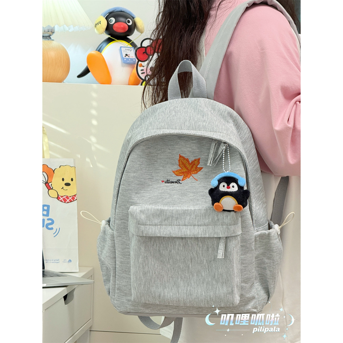 韩系纯色简约风双肩包女初中生上课通勤书包大容量休闲轻便背包男