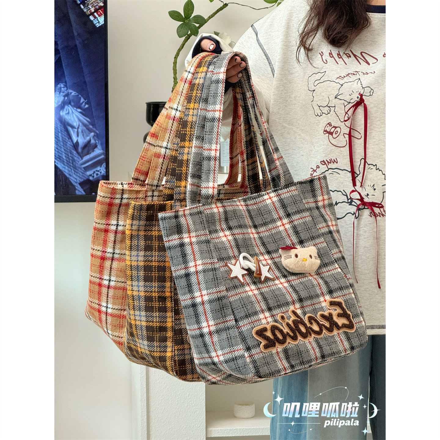 日系复古卡通托特包秋冬毛呢休闲单肩包少女日常通勤大容量手提袋,箱包皮具/热销女包/男包,托特包,淘宝优惠券,粉丝福利购,淘宝优惠卷