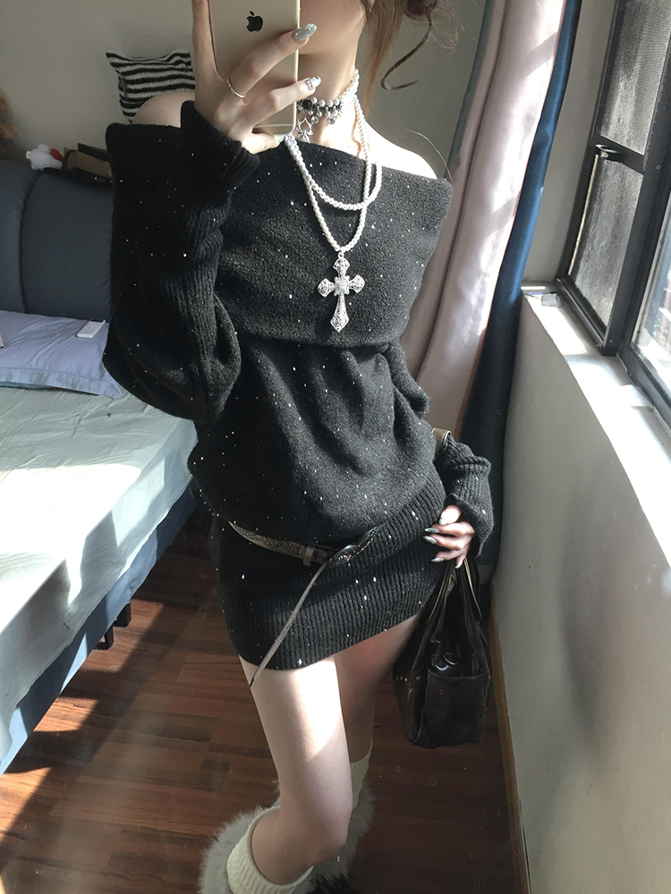 黑色一字肩毛衣针织连衣裙子女装秋冬季2025新款内搭性感包臀短裙