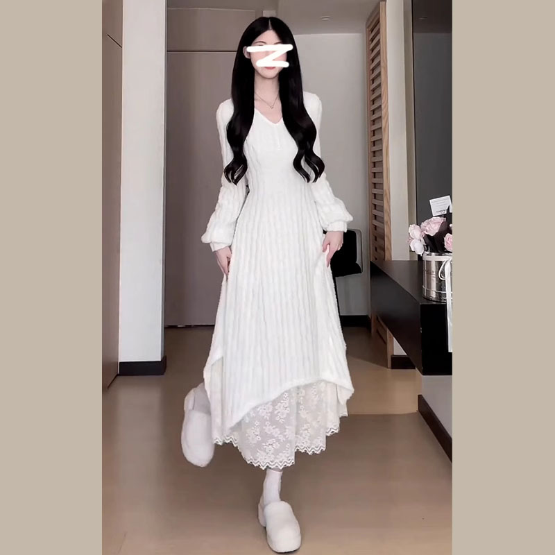 法式白色针织洋装子女装秋冬季2025新款内搭打底冬天配大衣长裙