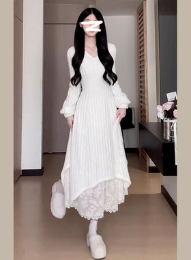 法式白色针织洋装子女装秋冬季2025新款内搭打底冬天配大衣长裙