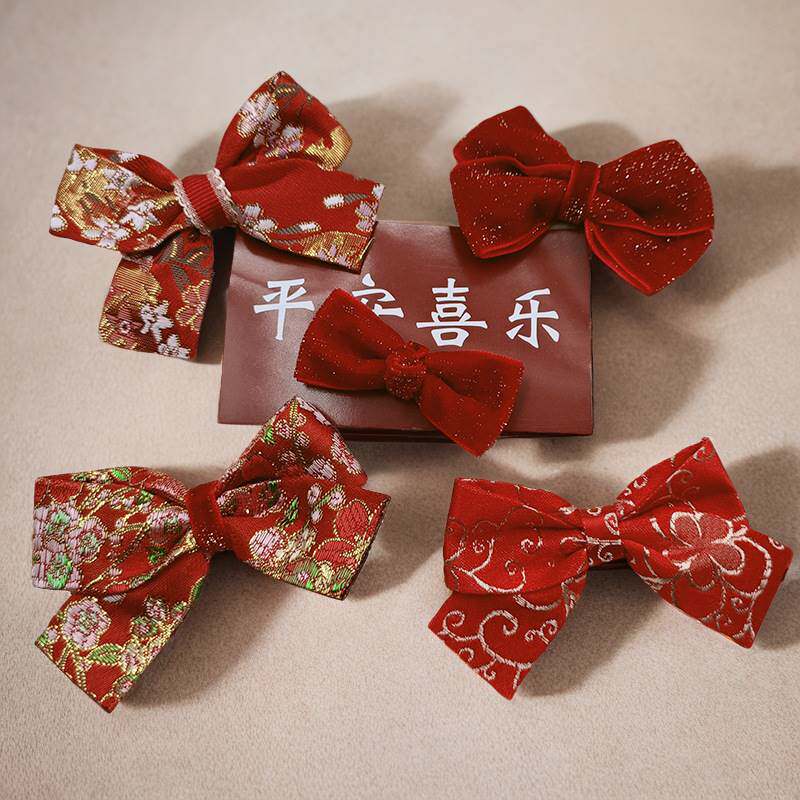儿童发夹发饰头饰红色蝴蝶结配件新年衣服服装儿童鞋子袜子装饰