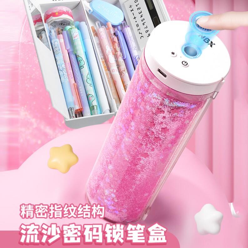 nbx网红指纹密码锁文具盒学生大容量塑料铅笔盒流沙樱花笔袋ins风