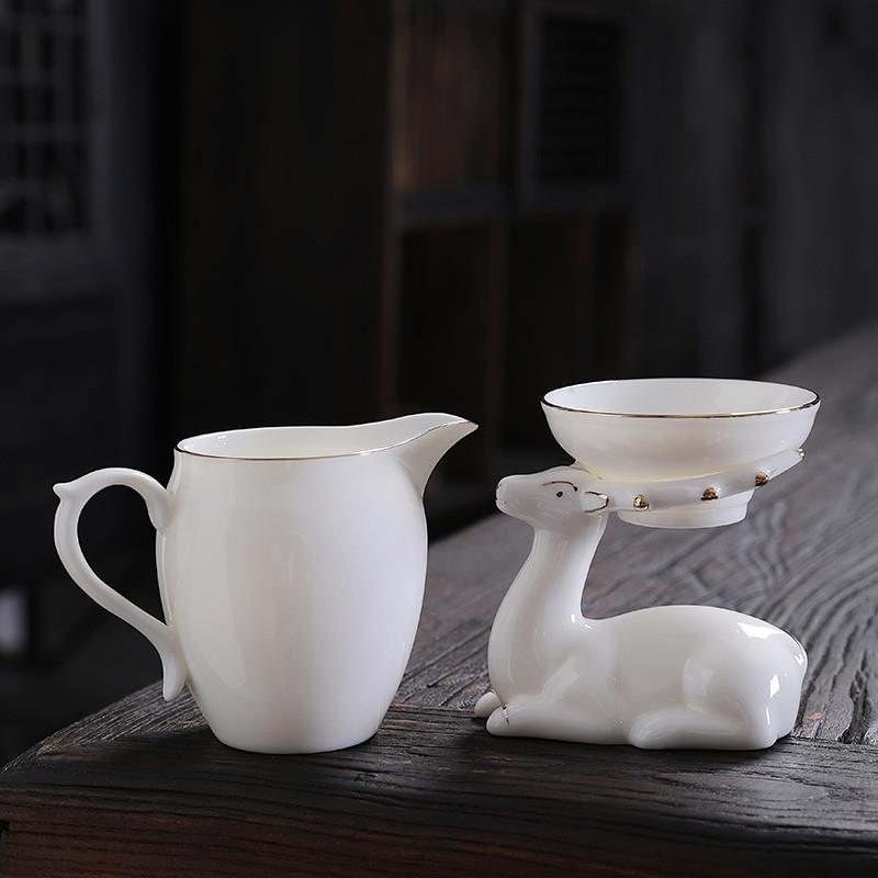 德化羊脂玉白瓷公道杯陶瓷大小号茶海茶滤描金茶具配件匀杯分茶器