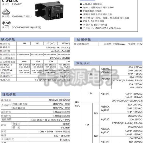 HF-JQX-105F-4-012D-220A-1HS 一组常开 4脚 30A 220V空调继电器