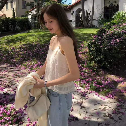 韩代OUNCE气质甜美褶皱吊带背心