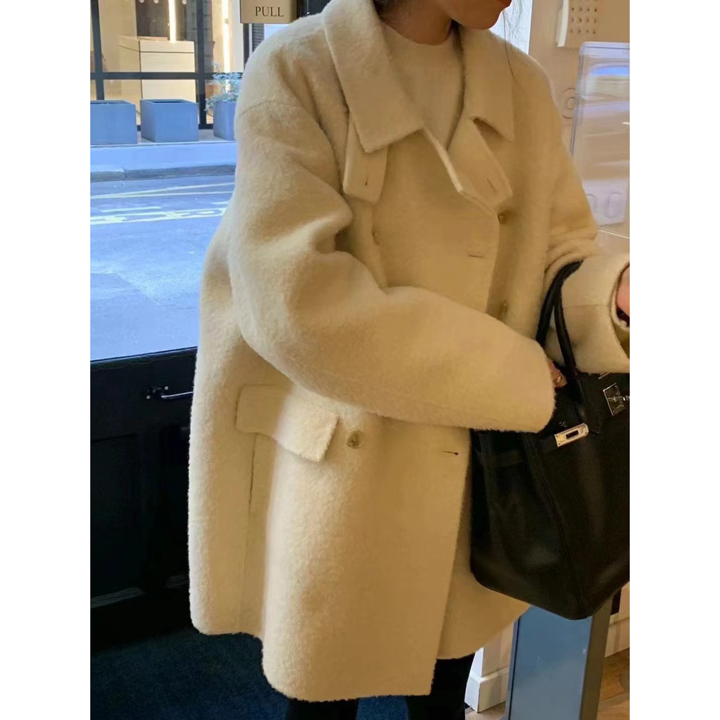 韩代OUNCE气质纯色羊毛大衣外套