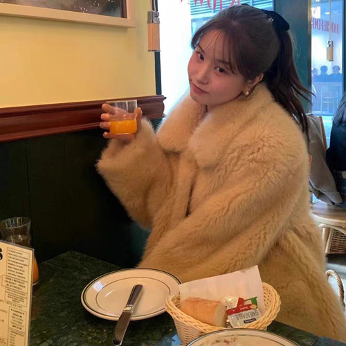 韩代ounce纯色保暖皮草外套女