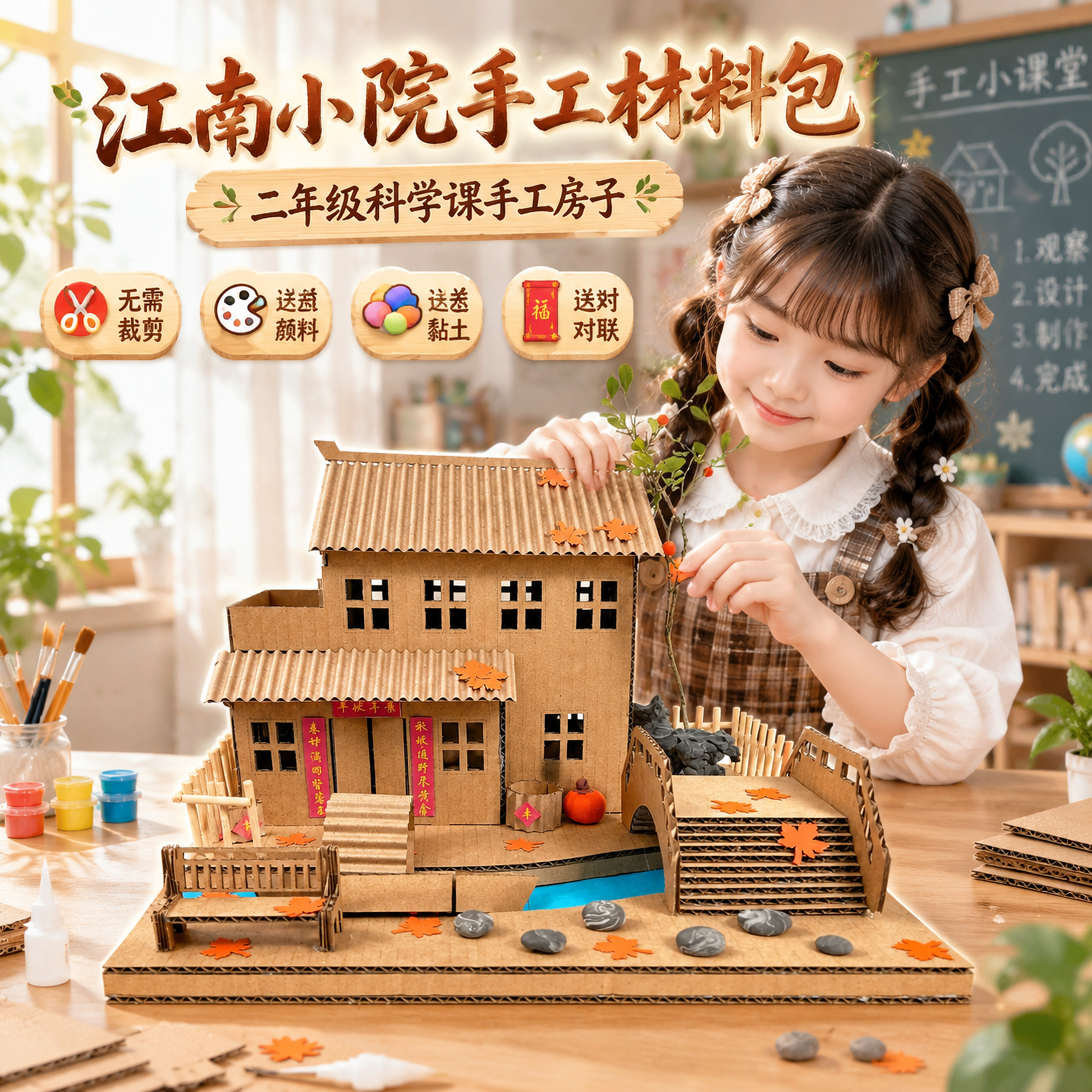 儿童手工diy纸板房子材料包二年级科学课江南小院模型小屋半成品6