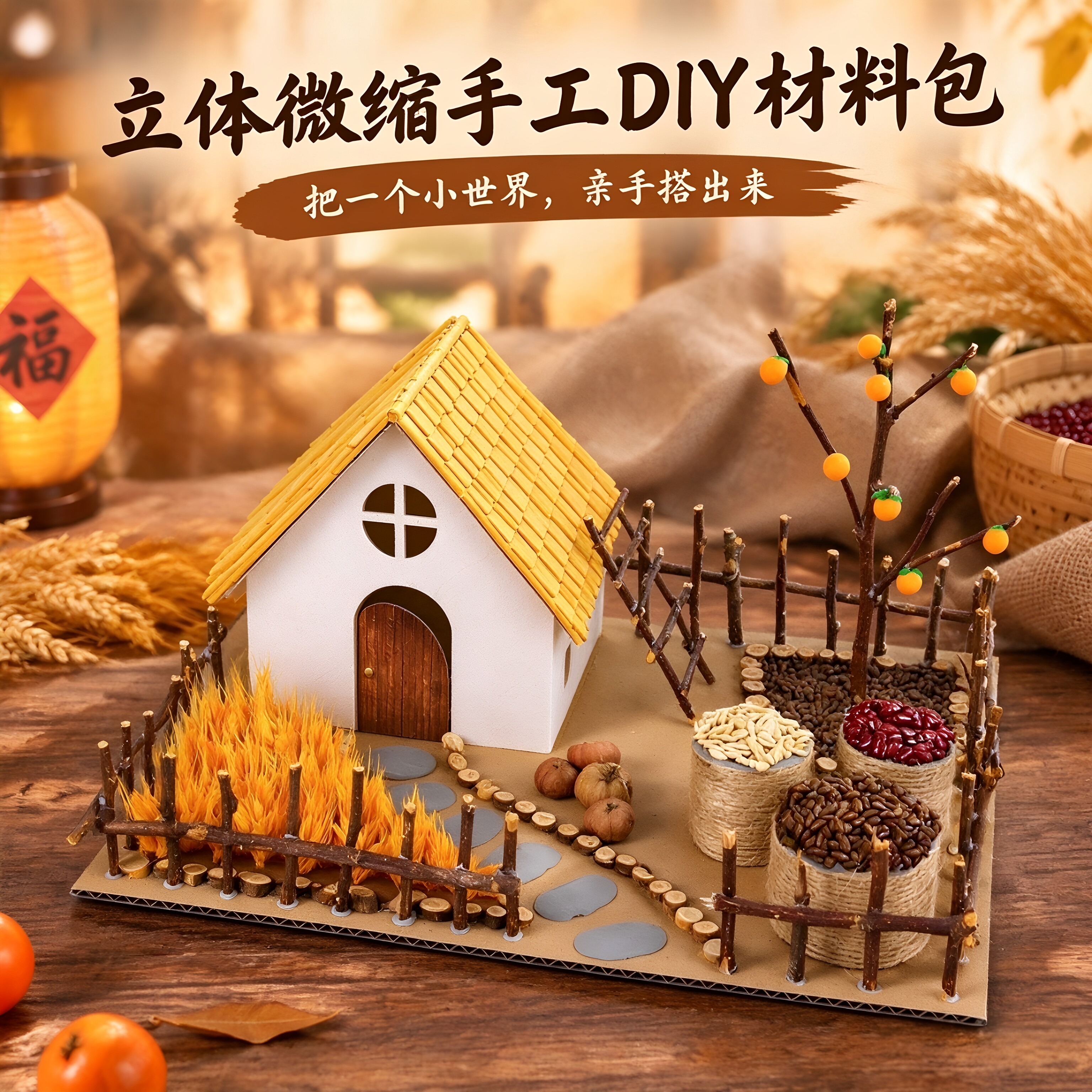 幼儿园晒秋天作业儿童手工diy自制微缩小房子乡村小屋树枝材料包6
