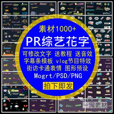 PR综艺花字可改文字素材字幕条模板动态vlog节目特效街访搞笑卡通