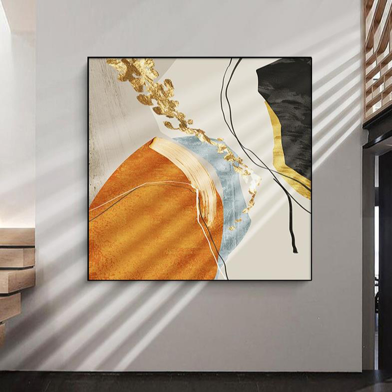 正方形抽象艺术装饰画玄关挂画酒店餐厅橙色背景墙大气高级感壁画图片