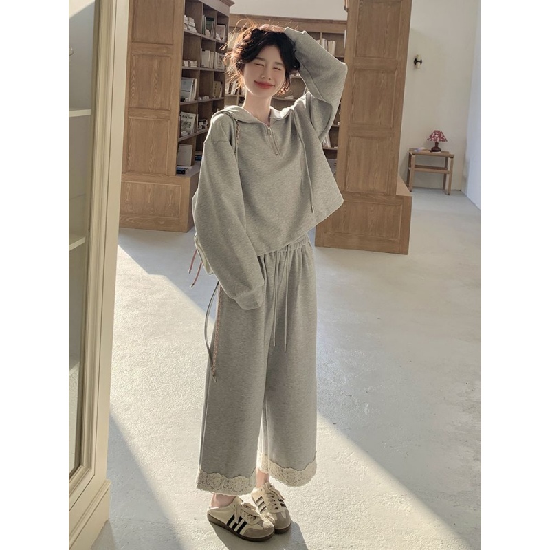 学院风灰色休闲连帽卫衣套装女蕾