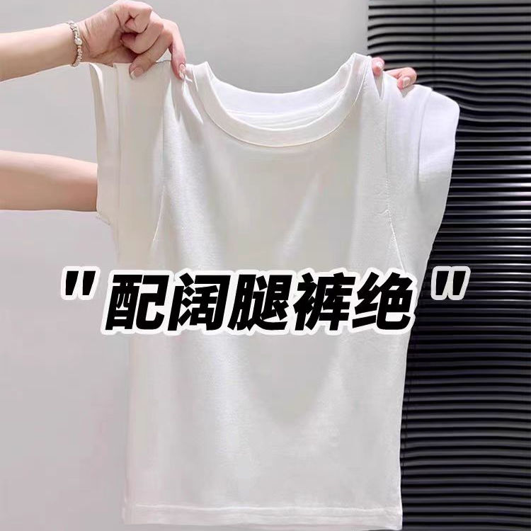 白色圆领小飞袖t恤女2025夏季