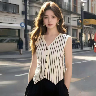 小上衣 风薄款 条纹针织马甲开衫 女夏款 感背心韩系hi袖