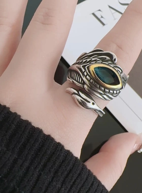 大鹏金翅鸟羽戒指男潮镶嵌托帕锆石复古霸气高级朋克可调节指环