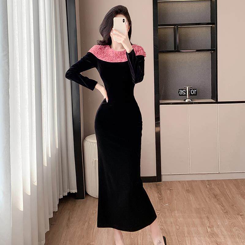 BLLOUKE韩系千金穿搭高级感丝绒连衣裙女秋冬名媛风修身生日礼服