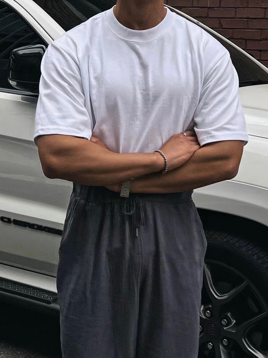 FAXIANBB 潮牌纯色打底重磅纯棉小领口素色光版基础款短袖T恤衫男