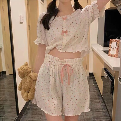 睡衣女夏季短袖纯欲风小碎花蝴蝶结少女蕾丝花边家居服网红直播春