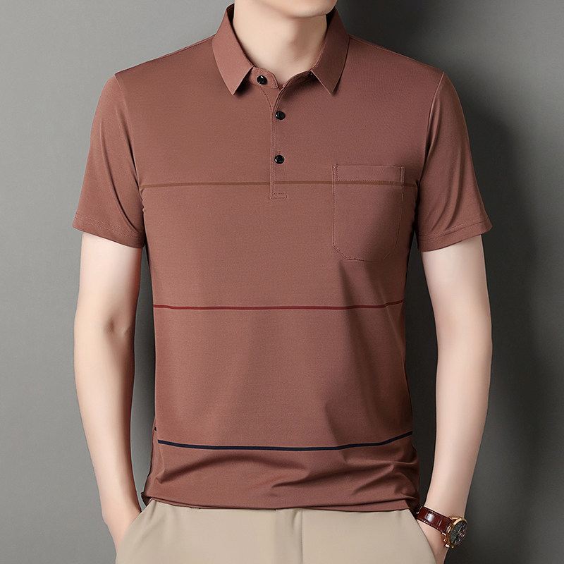 爸爸夏装桑蚕丝大码短袖T恤中年男士冰丝防晒POLO衫中年条纹上衣