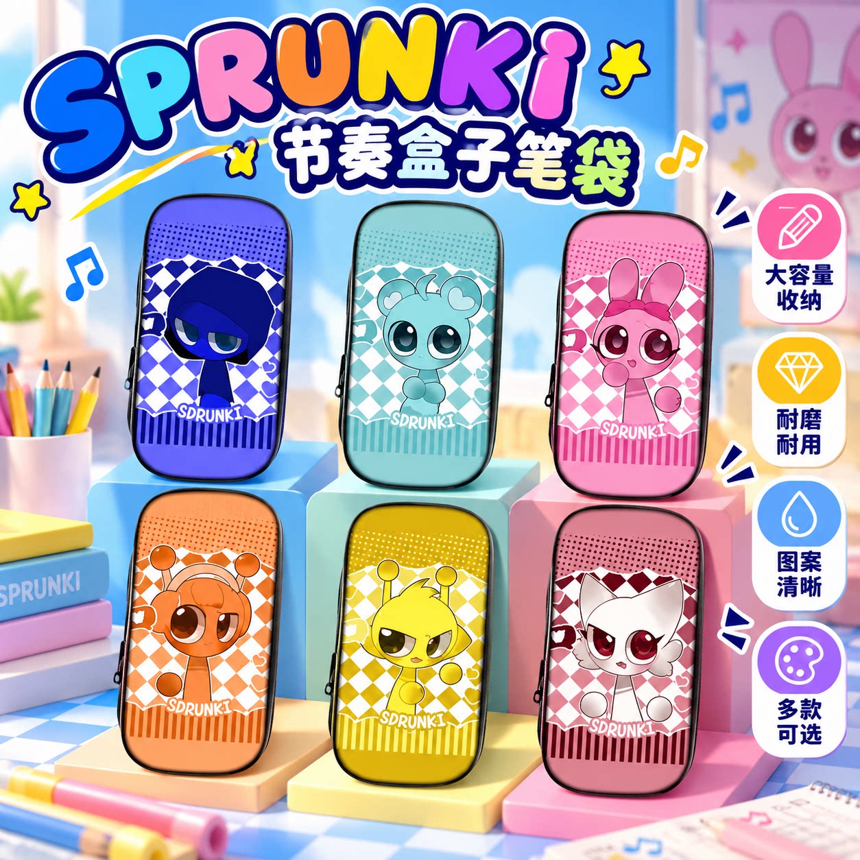 sprunki节奏盒子笔袋小学生铅笔盒女男生男孩款2026新款文具袋初中生笔盒学生文具盒儿童幼儿园小天杰文温达