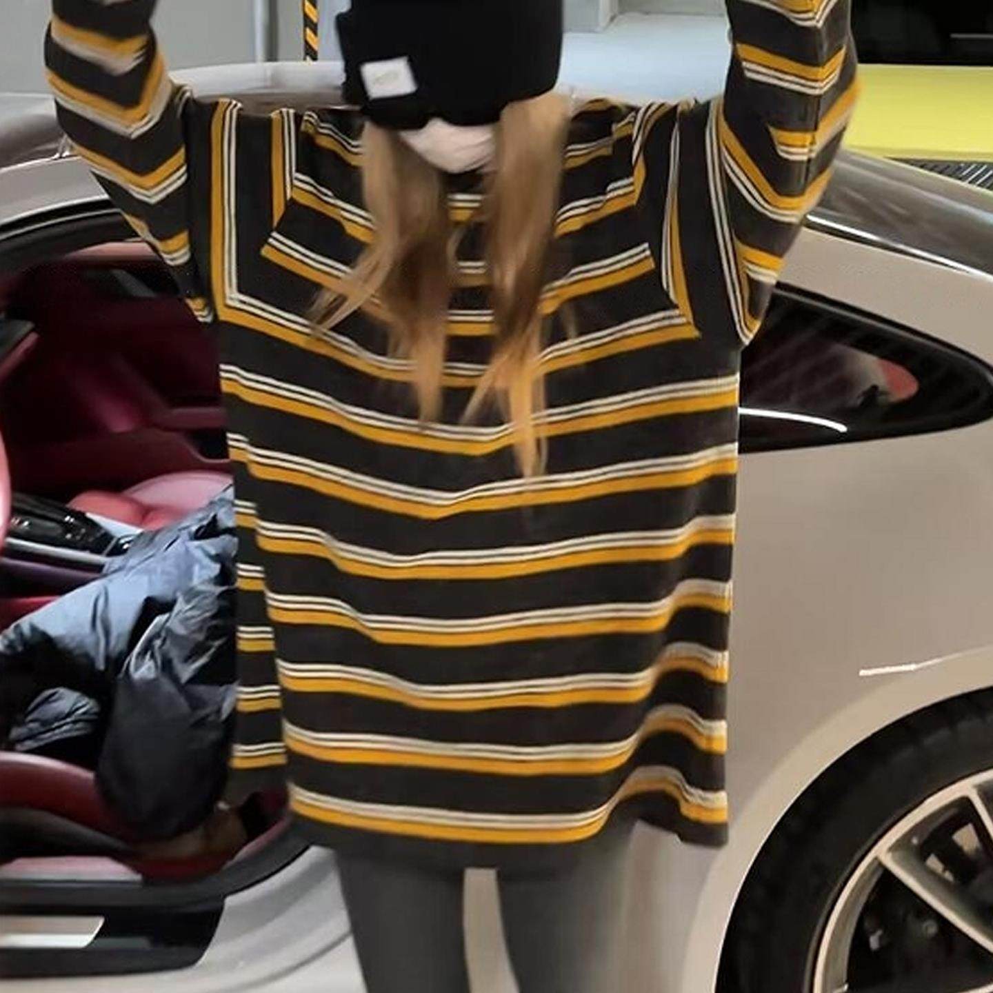 JOYIASS条纹圆领长袖加厚卫衣女款2025新款秋冬季中长款上衣女遮