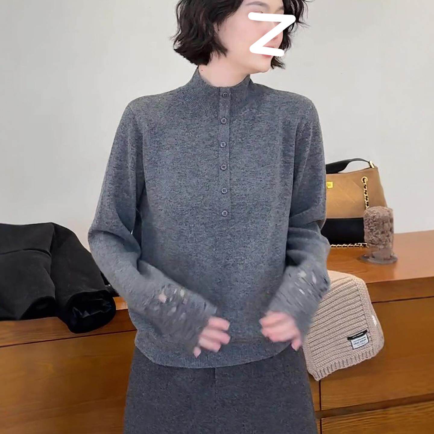 JOYIASS灰色半高领打底毛衣针织衫女2025新款秋冬季设计感镂空内