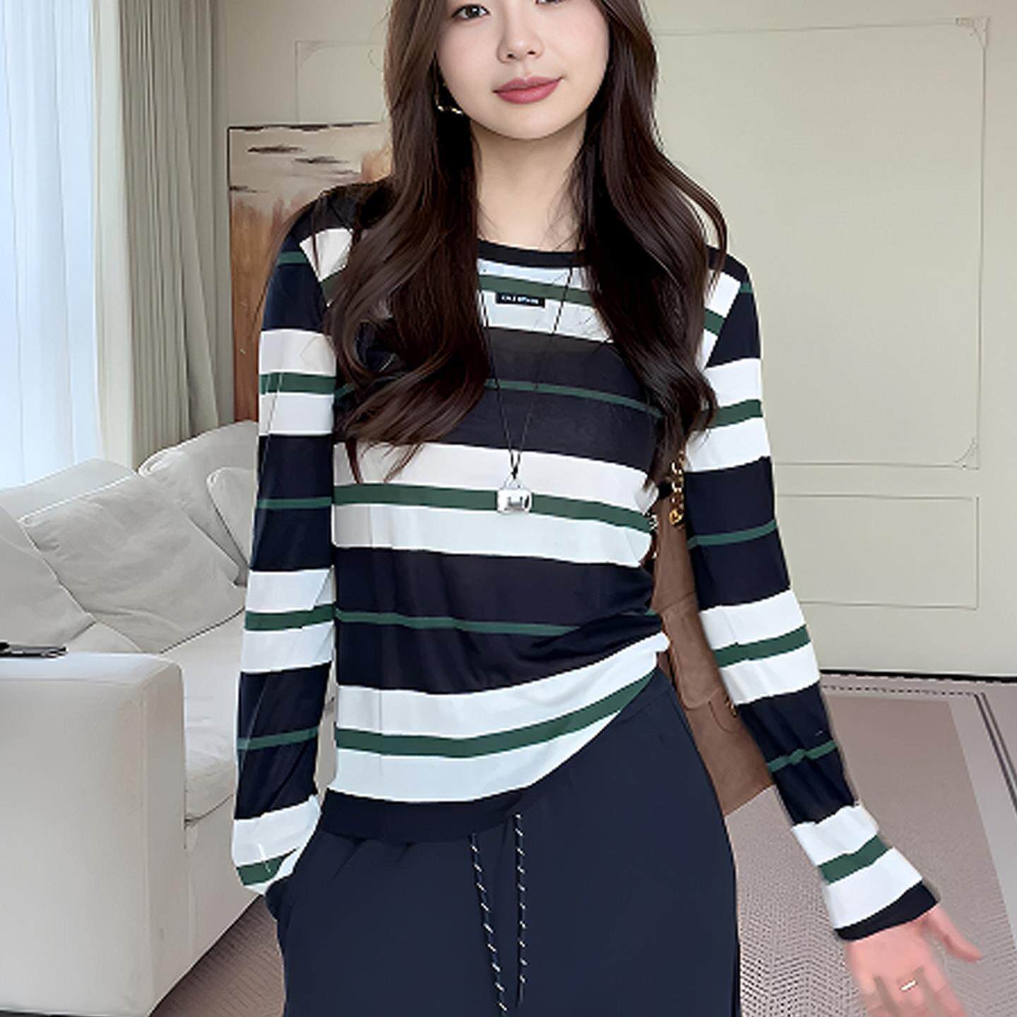 JOYIASS气质条纹长袖t恤女2025新款春秋季内搭打底衫简单大方高级