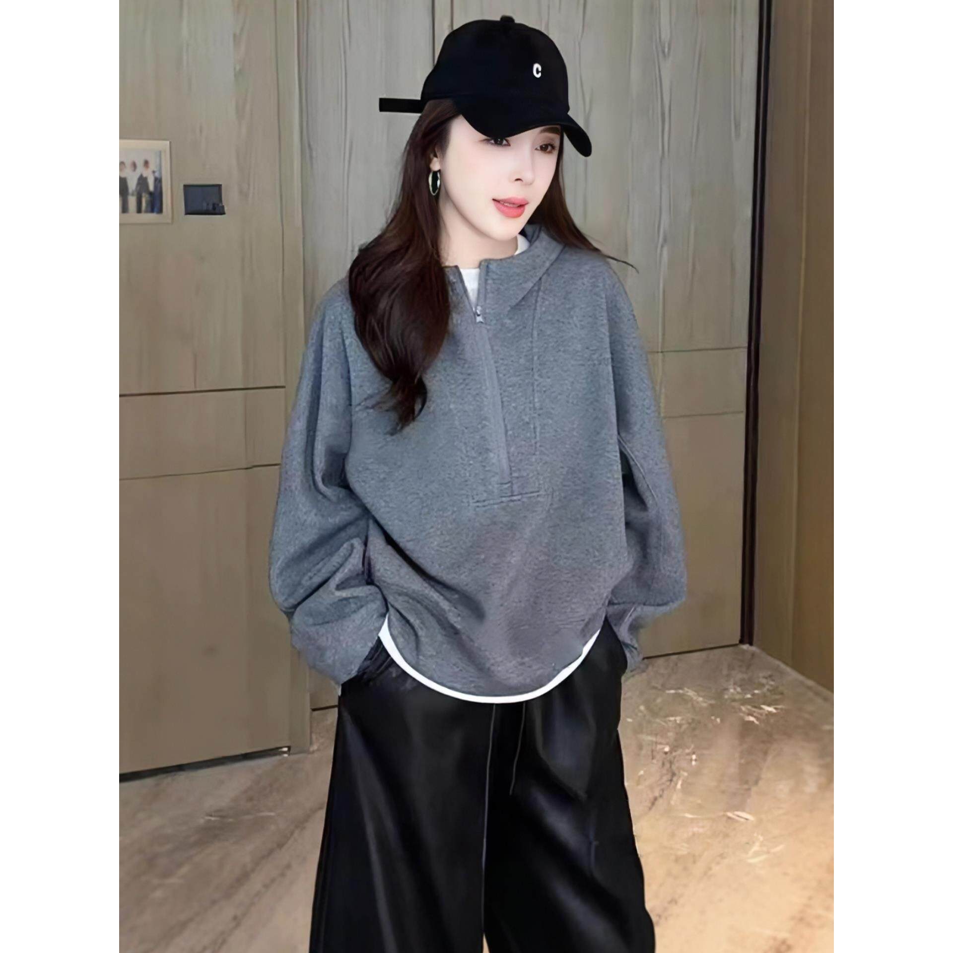JOYIASS设计感半拉炼连帽长袖卫衣外套女款2025新款秋冬季宽松慵