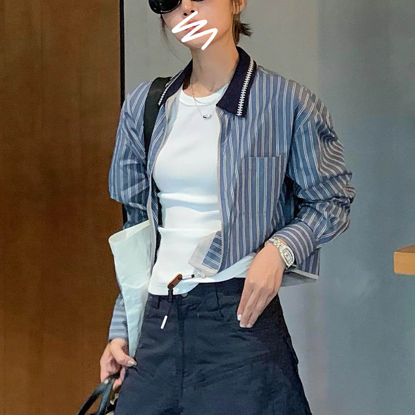 JOYIASS蓝色条纹长袖衬衫拉链外套女2025新款秋季轻奢高级感时尚