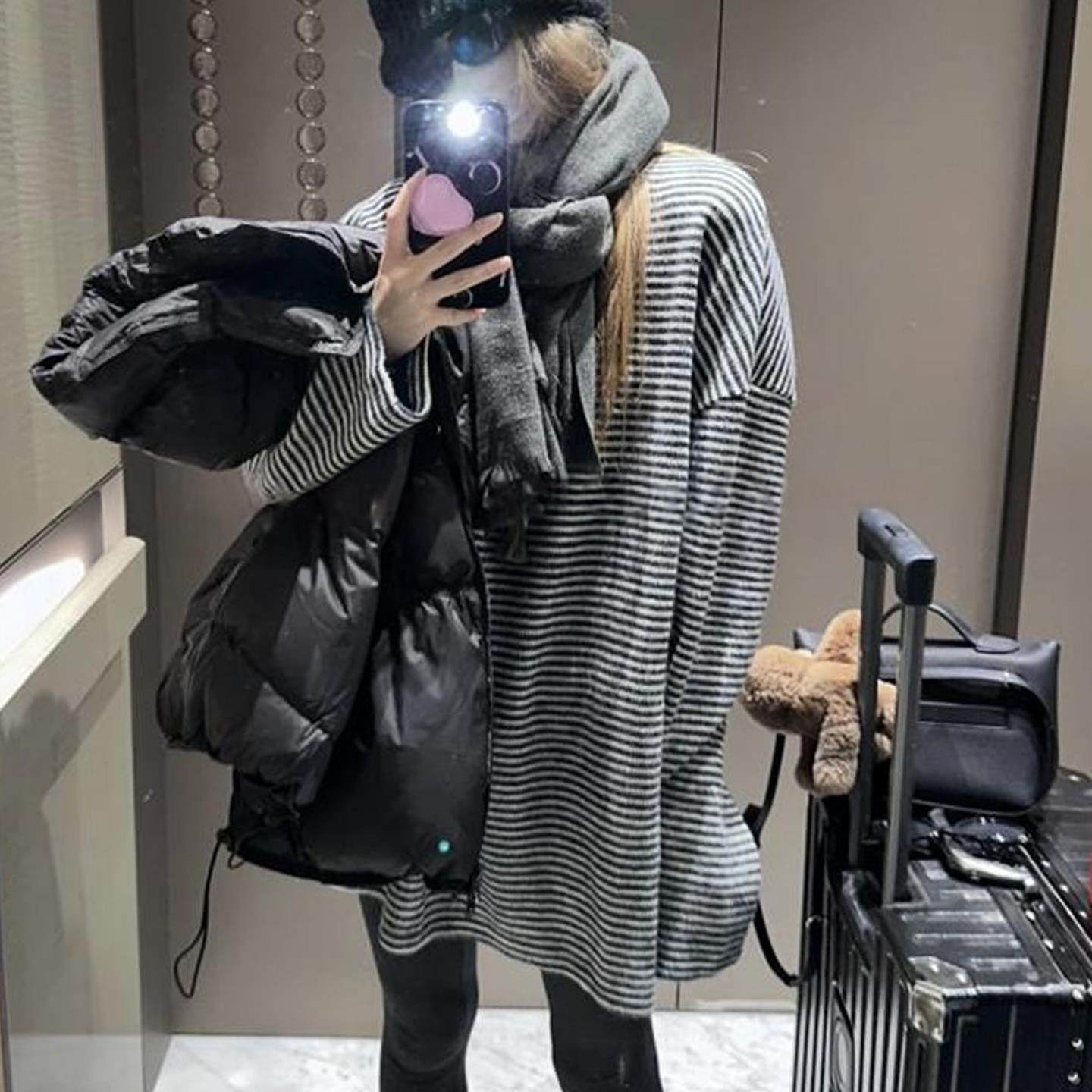 JOYIASS韩系条纹圆领卫衣女款加厚2025新款秋冬季中长款上衣女遮