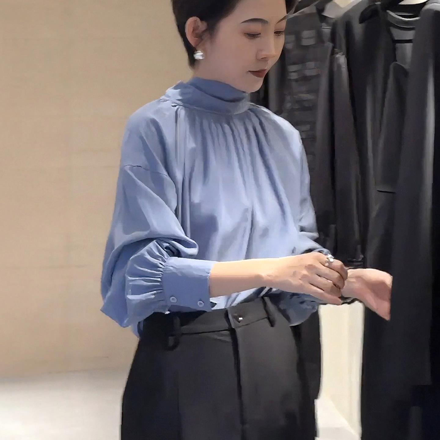 JOYIASS法式立领褶皱飘带长袖衬衫女2025新款秋季高级感轻奢减龄