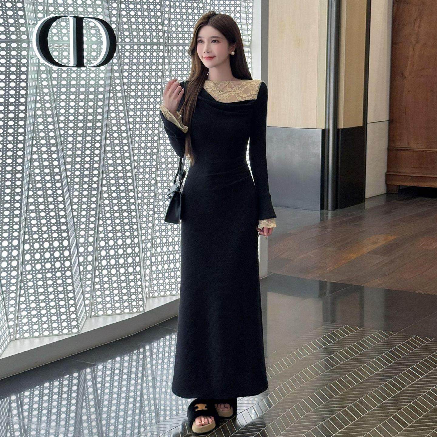 JOYIASS法式蕾丝拼接长袖内搭连衣裙女2025新款秋冬季高级感修身