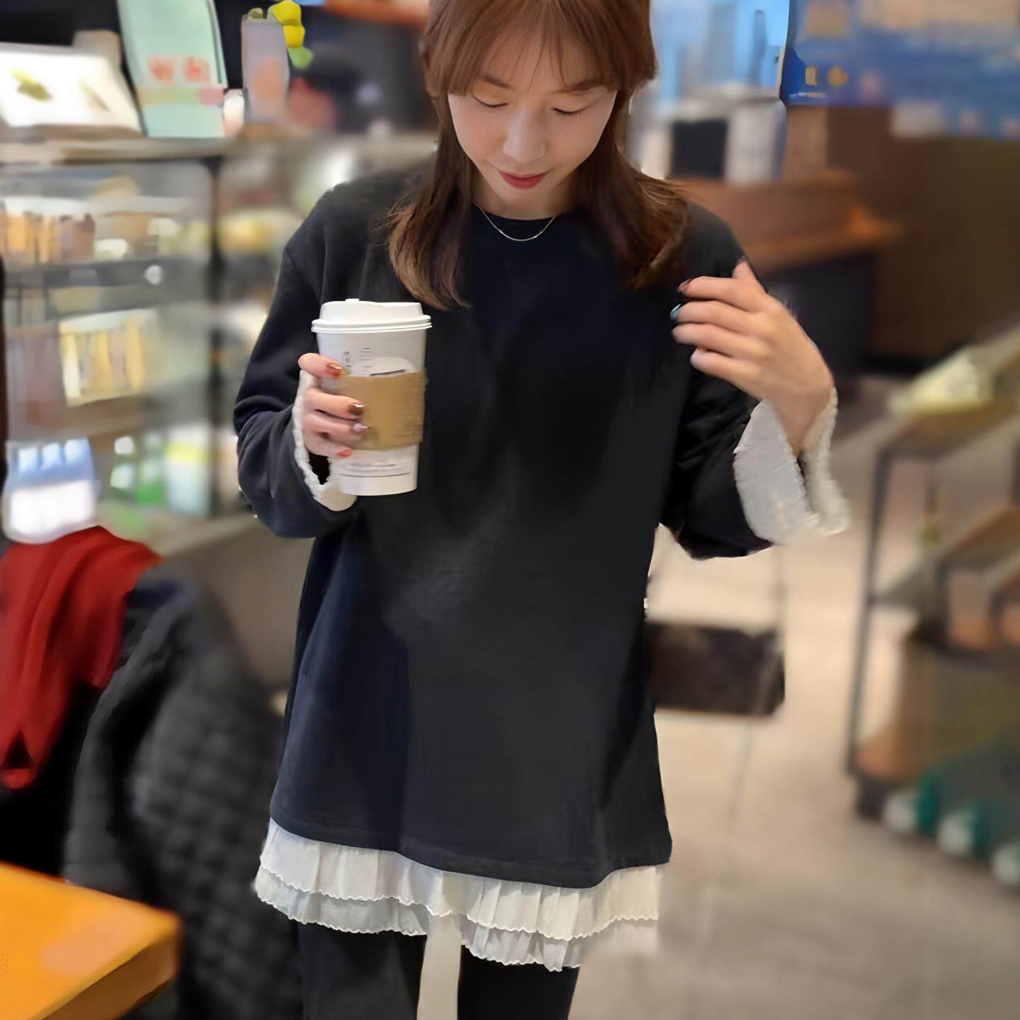 JOYIASS圆领蕾丝边长袖t恤女2025新款秋冬季内搭中长款上衣女遮屁