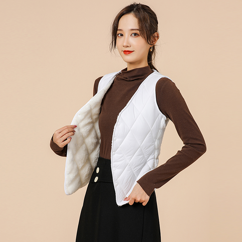 羽绒棉马甲女秋季粉色加绒加厚内穿v领马夹贴身坎肩轻薄保暖背心