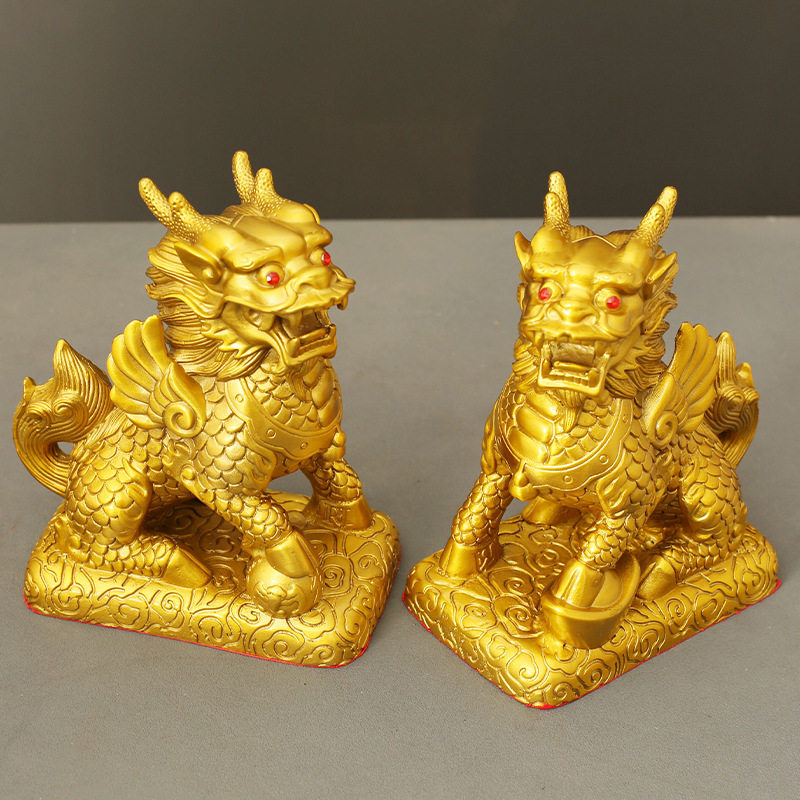 财福麒麟黄铜财富麒麟摆件工艺品一对瑞兽摆饰办公室客厅桌面装饰