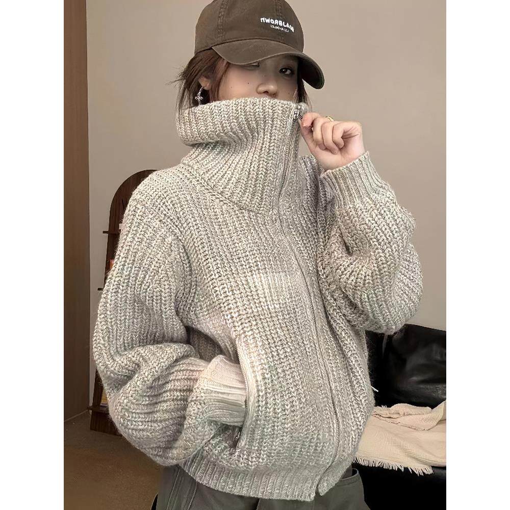 JOYIASS覆古翻领毛衣针织开衫女深秋初冬穿搭绝美巨好看的粗线上