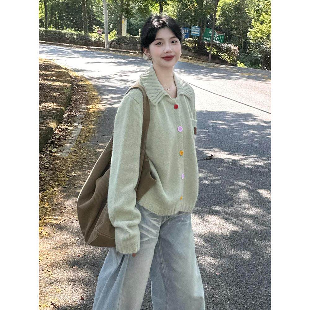 JOYIASS绿色针织开衫女早秋氛围感韩系漂亮绝美气质巨好看的翻领p