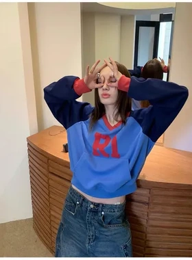 撞色卫衣插肩袖韩系自制R1DGE女春秋款短款字母v领长袖慵懒风上衣